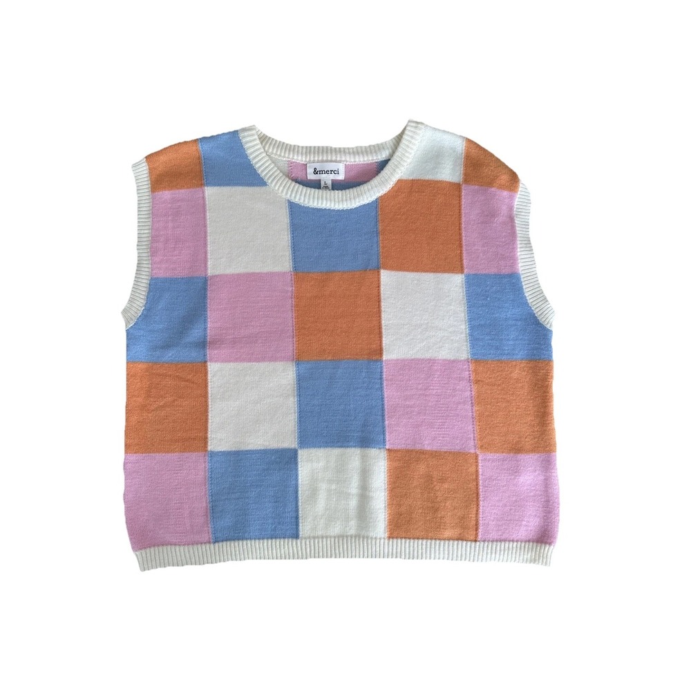 Sweater Vest Knit Tank Top Women's L Checkered Colorblock Sleeveless Pullover